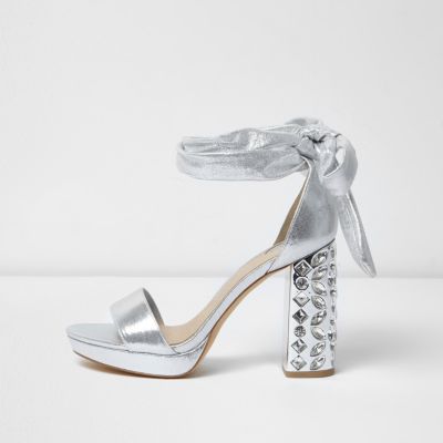 Silver embellished tie up platform heels